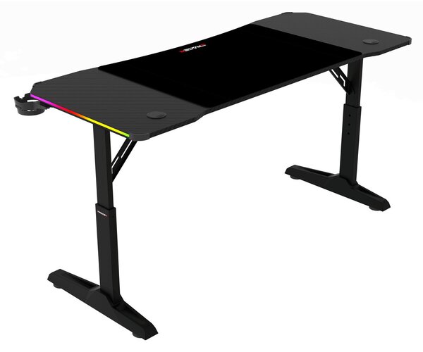 Pevný herní stůl 140x60cm, RGB LED, výběr výšky, melamin, carbon, LT-H1214 BK