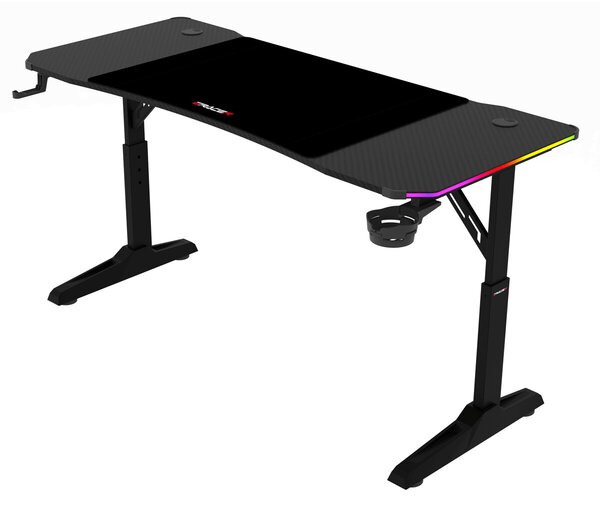 Pevný herní stůl 140x60cm, RGB LED, výběr výšky, melamin, carbon, LT-H1214 BK