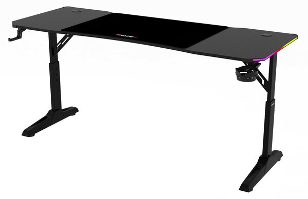 Pevný herní stůl 160x60cm, RGB LED, výběr výšky, melamin, carbon, LT-H1216 BK