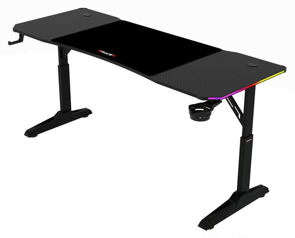 Pevný herní stůl 160x60cm, RGB LED, výběr výšky, melamin, carbon, LT-H1216 BK