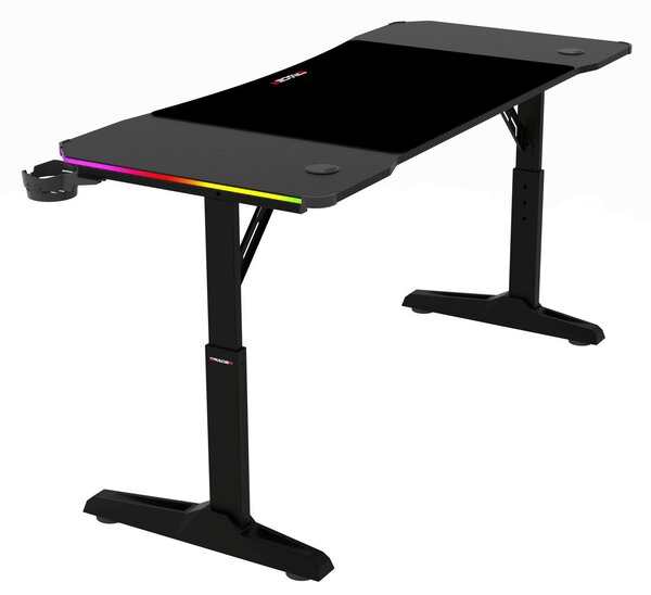 Pevný herní stůl 140x60cm, RGB LED, výběr výšky, melamin, carbon, LT-H1214 BK