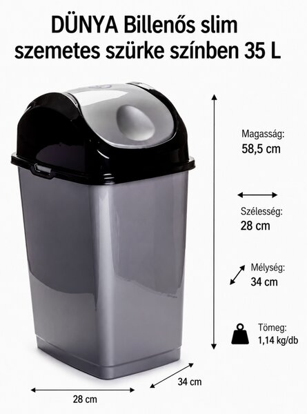 Billenős slim szemetes szürke színben 35 L 58,5x28x34 cm