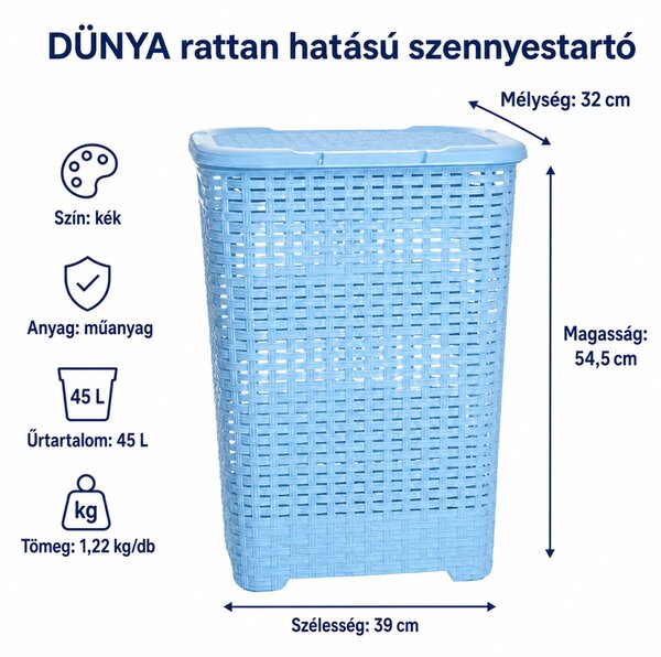 Rattan hatású fedeles szennyestartó kék színben 45 L 54,5x32x39 cm