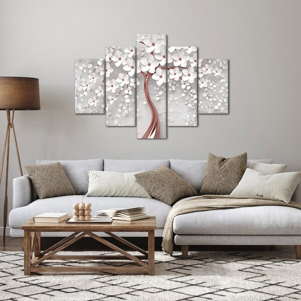 Kép - Egy fehér fa képe virágokkal, rózsaarany (150x105 cm)