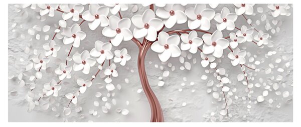 Kép - Egy fehér fa képe virágokkal, rózsaarany (120x50 cm)
