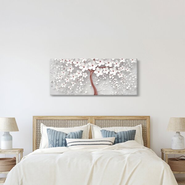 Kép - Egy fehér fa képe virágokkal, rózsaarany (120x50 cm)