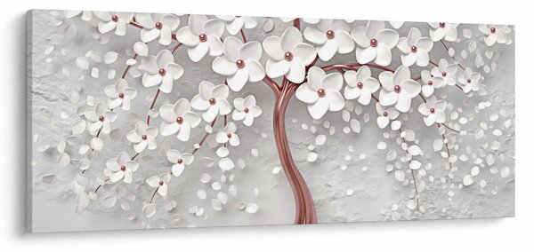 Kép - Egy fehér fa képe virágokkal, rózsaarany (120x50 cm)