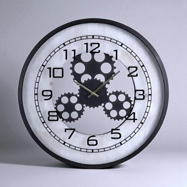 Fogaskerekes falióra 48 cm – steampunk clockwork stílus, fekete fém és fa dizájnnal