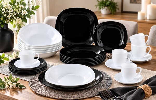 Luminarc Carine Black & White 30 részes étkészlet 6 személyre fekete-fehér lekerekített szögletes forma