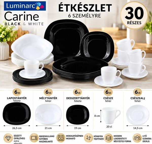 Luminarc Carine Black & White 30 részes étkészlet 6 személyre fekete-fehér lekerekített szögletes forma