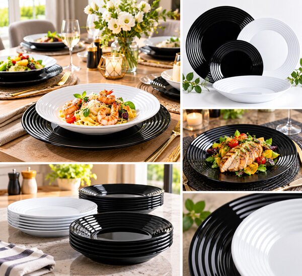 Luminarc Harena Black & White 18 részes étkészlet 6 személyre fekete-fehér
