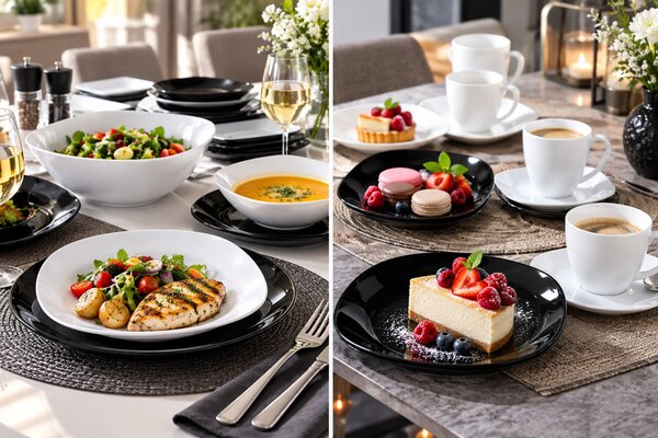 Luminarc Carine Black & White 30 részes étkészlet 6 személyre fekete-fehér lekerekített szögletes forma