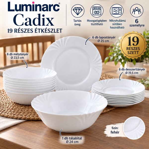 Luminarc Cadix 19 részes étkészlet 6 személyre fehér üveg 24 cm-es tálalótállal