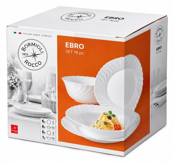 Bormioli Rocco Ebro 19 részes üveg étkészlet 6 személyre tálalótállal fehér
