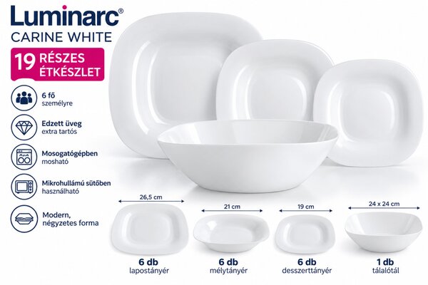 Luminarc Carine White 19 részes étkészlet 6 személyre tálalótállal fehér üveg