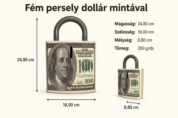 Fém persely dollár mintás lakat alakú 16x8,8x24,8 cm