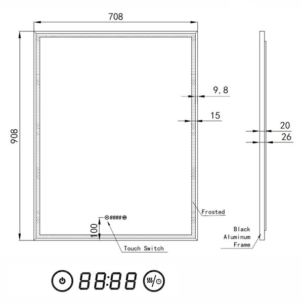 Fekete keretes Loft stílusú LED tükör 70x90cm | Páramentesítő - Óra - Fényerő és színhőmérséklet szabályozás | Welland Luxury-Line Loft G1102