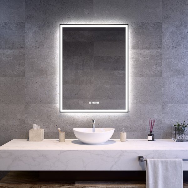 Fekete keretes Loft stílusú LED tükör 70x90cm | Páramentesítő - Óra - Fényerő és színhőmérséklet szabályozás | Welland Luxury-Line Loft G1102