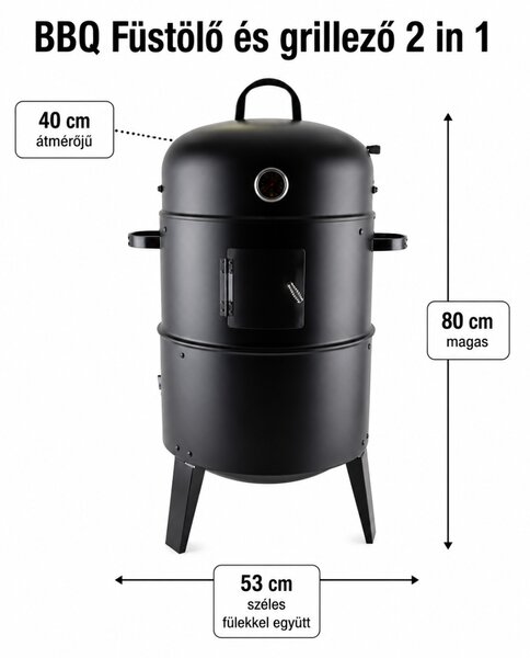 BBQ Füstölő és grillező 2 in fekete 80x40x43 cm