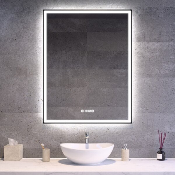 Fekete keretes Loft stílusú LED tükör 70x90cm | Páramentesítő - Óra - Fényerő és színhőmérséklet szabályozás | Welland Luxury-Line Loft G1102
