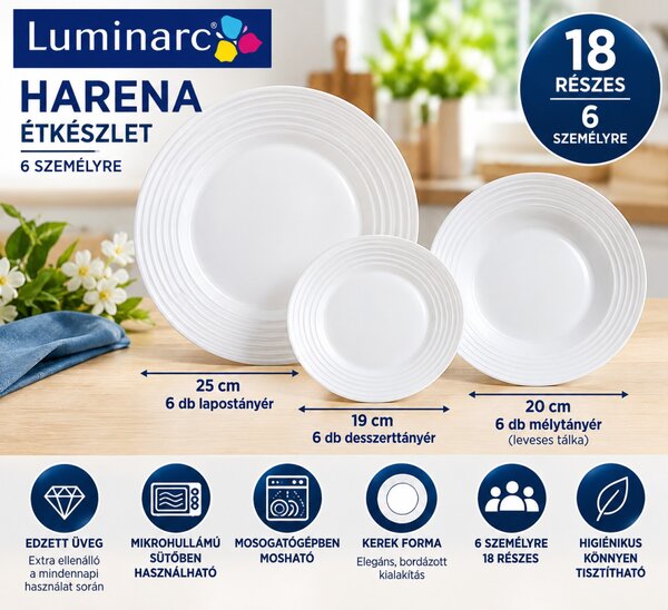 Luminarc White Harena 18 részes étkészlet 6 személyre fehér üveg leveses tálkával