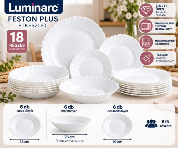 Luminarc Feston Plus 18 részes étkészlet 6 személyre fehér üveg
