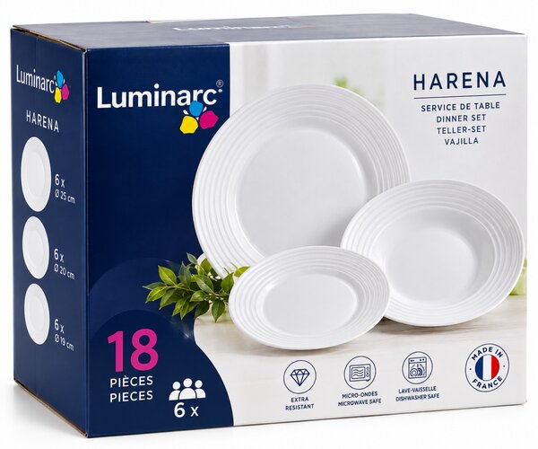 Luminarc White Harena 18 részes étkészlet 6 személyre fehér üveg leveses tálkával