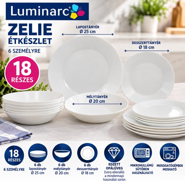Luminarc Zelie 18 részes étkészlet 6 személyre fehér edzett üveg