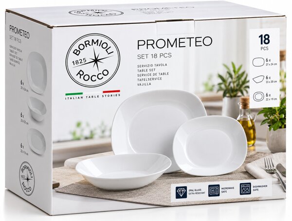 Bormioli Rocco Prometeo 18 részes étkészlet 6 személyre fehér edzett opálüveg