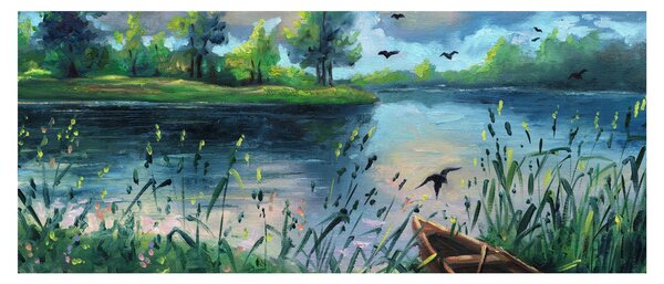 Kép - olajfestmény, Nyári este a tónál (120x50 cm)