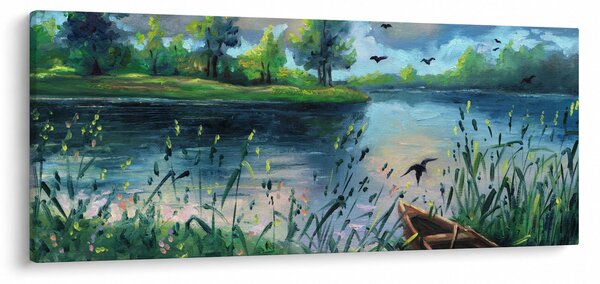 Kép - olajfestmény, Nyári este a tónál (120x50 cm)