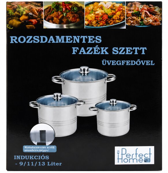 PERFECT HOME Rozsdamentes edénykészlet üvegfedővel 13 L, 9 L, 11 L
