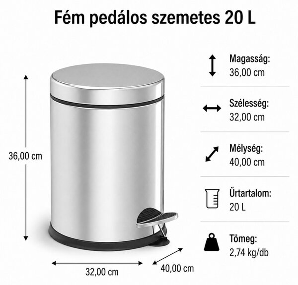 Fém pedálos szemetes 20 L 36x40x32 cm ezüst