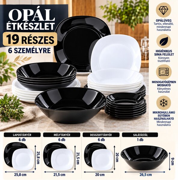 19 részes szögletes opálüveg étkészlet 6 személyre fekete-fehér