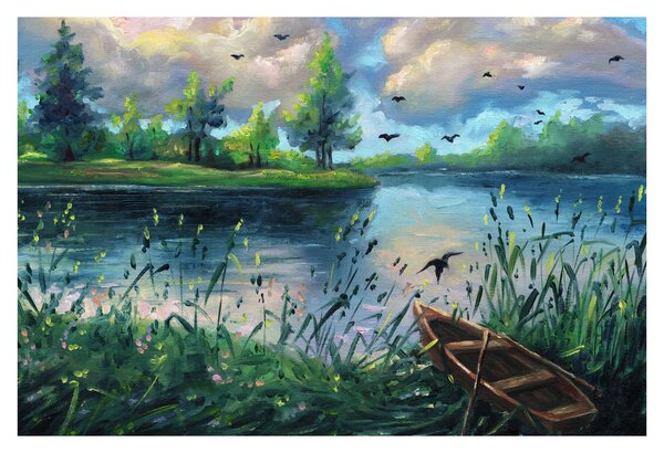 Kép - olajfestmény, Nyári este a tónál (90x60 cm)