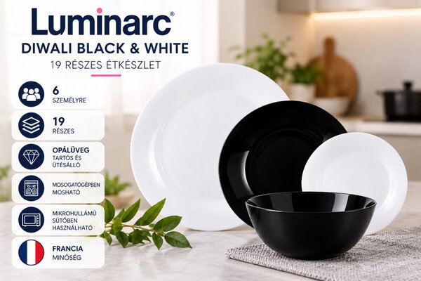 Luminarc Diwali Black & White 19 részes étkészlet 6 személyre fekete-fehér opálüveg