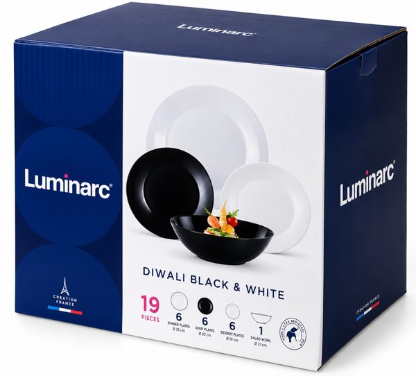 Luminarc Diwali Black & White 19 részes étkészlet 6 személyre fekete-fehér opálüveg