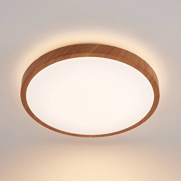 Lindby LED mennyezeti világítás Mynte, Ø42cm, faoptika, műanyag, Világos fa, Nappali / Étkező, Műanyag, Modern