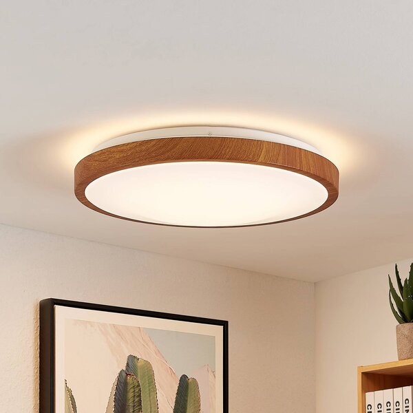 Lindby LED mennyezeti világítás Mynte, Ø42cm, faoptika, műanyag, Világos fa, Nappali / Étkező, Műanyag, Modern