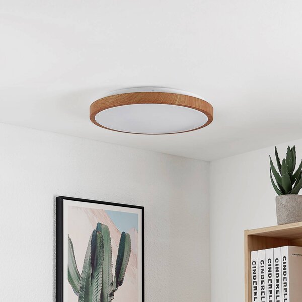 Lindby LED mennyezeti világítás Mynte, Ø42cm, faoptika, műanyag, Világos fa, Nappali / Étkező, Műanyag, Modern