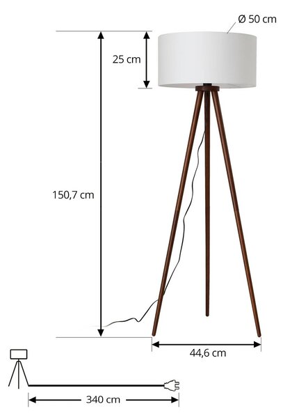 Lindby Charlia álló világítás, fehér, diófa, magasság 150 cm, Sötét fa, Nappali / Étkező, Textil / szövet / selyem, Skandináv