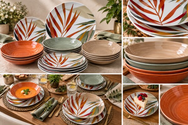 Casa Collection Emotion 18 részes porcelán étkészlet 6 személyre színes levélmintás
