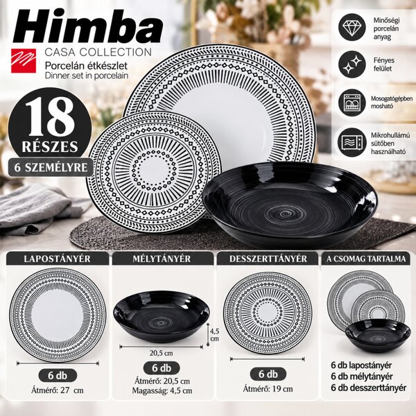 Casa Collection Himba 18 részes porcelán étkészlet 6 személyre fekete-fehér