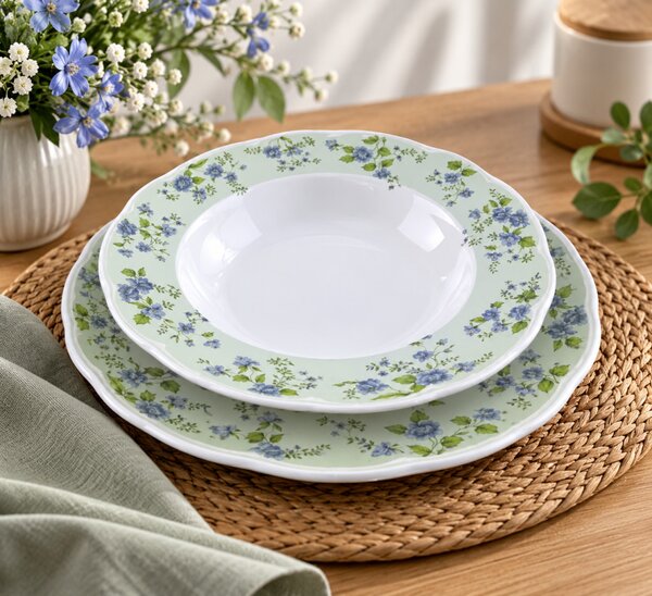 LA BELLE 18 részes porcelán étkészlet 6 személyre zöld-kék virágmintás