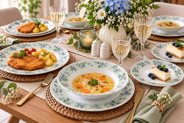 LA BELLE 18 részes porcelán étkészlet 6 személyre zöld-kék virágmintás