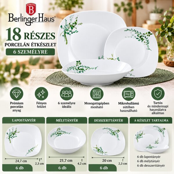 Berlinger Haus 18 részes porcelán étkészlet 6 személyre fehér zöld növénymintás virágos