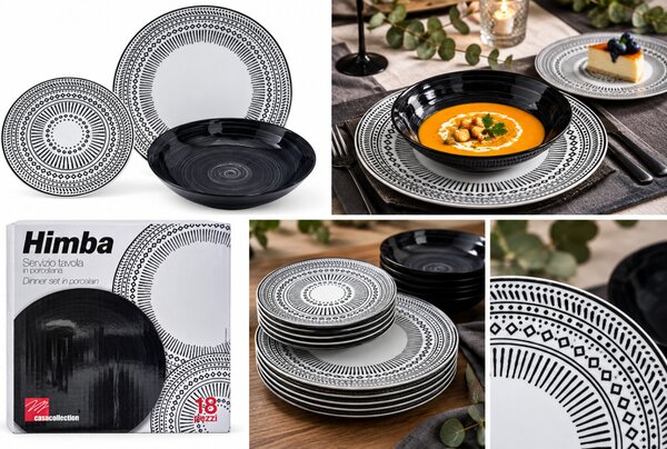 Casa Collection Himba 18 részes porcelán étkészlet 6 személyre fekete-fehér