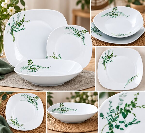 Berlinger Haus 18 részes porcelán étkészlet 6 személyre fehér zöld növénymintás virágos