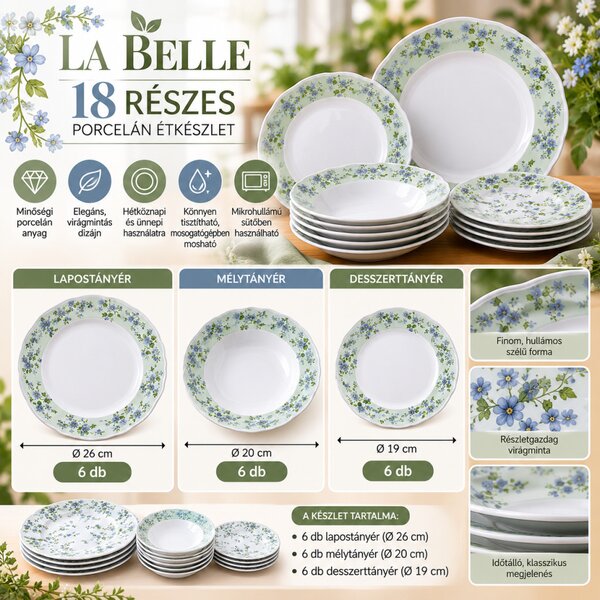 LA BELLE 18 részes porcelán étkészlet 6 személyre zöld-kék virágmintás