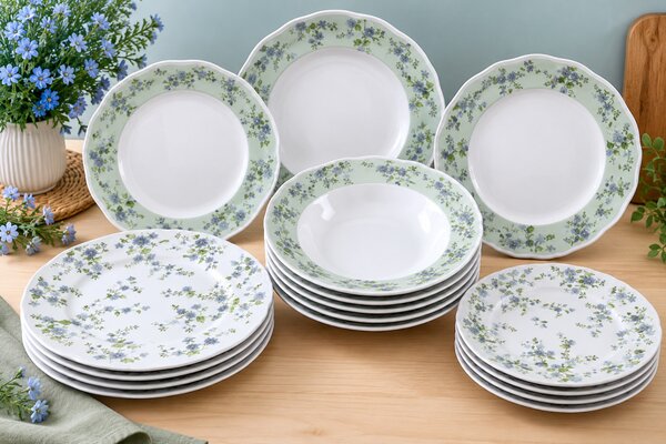 LA BELLE 18 részes porcelán étkészlet 6 személyre zöld-kék virágmintás